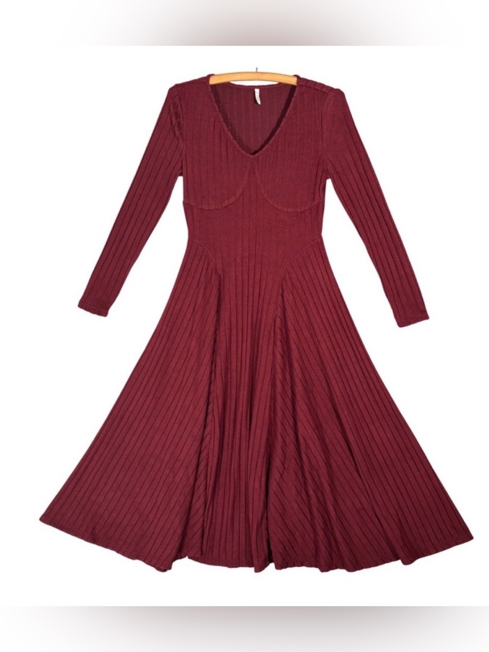 Halara Burgundy Ribbed Knit Fit & Flare Midi Dress Long Sleeve V-Neck XS - Picture 2 of 10